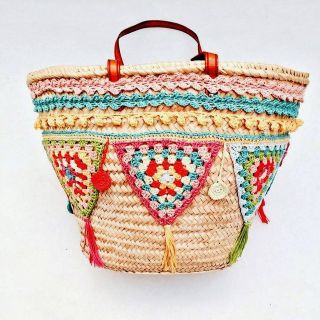Handwoven Moroccan Straw Handbag - Colorful Embroidered Basket