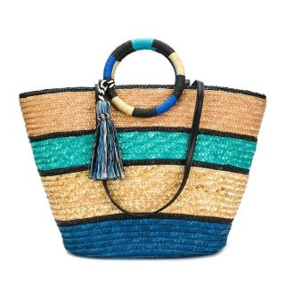 Moroccan Berber Handwoven Straw Handbag 057 - Blue Stripe