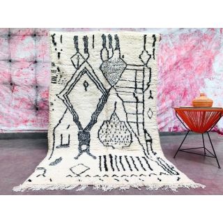 Vintage Moroccan Black Geometric Beni Ourain Wool Rug