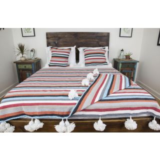 Moroccan Handmade Wool Pom Pom Blanket with Coloured Stripes