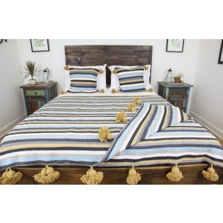 Moroccan Pom Pom Blanket - Hand-Woven Cotton with Colorful Stripes