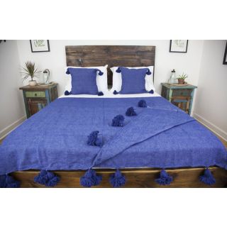 Blue Moroccan Pom Pom Wool Blanket - Handmade Elegant Bedspread & Sofa Throw