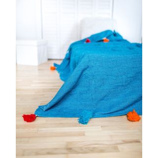 Blue Moroccan Pom Pom Blanket | Handmade Wool Throw