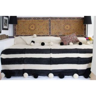 Handwoven Moroccan Pom Pom Blanket - Black and Ivory Striped