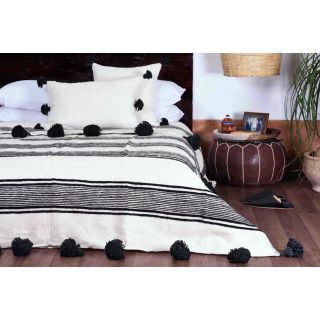 Handmade Moroccan Striped Pom Pom Wool Blanket