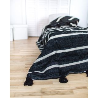 "Black Striped Moroccan Pom Pom Wool Blanket - Handmade Luxury"