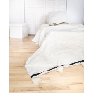 Handwoven White Moroccan Pom Pom Cotton Blanket