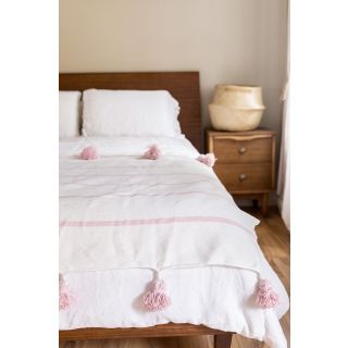 Soft Pink & White Moroccan Pom Pom Blanket with Pink Poms