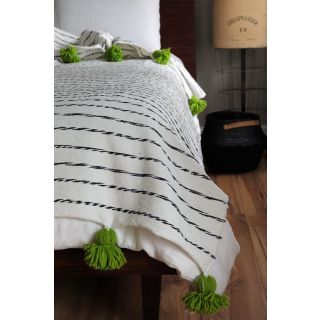 Handmade Moroccan Striped Wool Blanket with Green Pom Poms