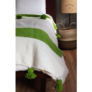 White and Green Striped Moroccan Pom Pom Blanket - Handwoven Wool
