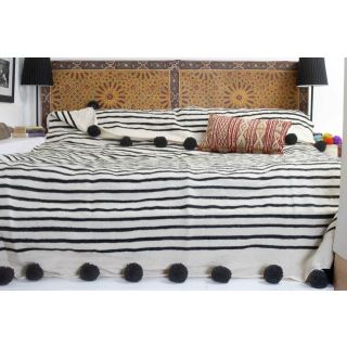 Handwoven Moroccan Pom Pom Blanket with Red Details