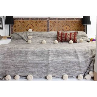 Luxurious Grey Pom Pom Moroccan Blanket - Handcrafted 100% Cotton Blanket with Elegant Pom Pom Design