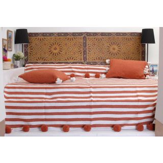 Moroccan Pom Pom Wool Blanket with Orange Stripes