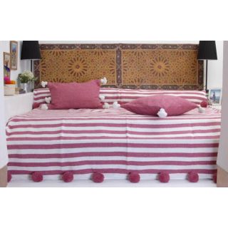 Moroccan Pom Pom White & Pink Striped Cotton Blanket
