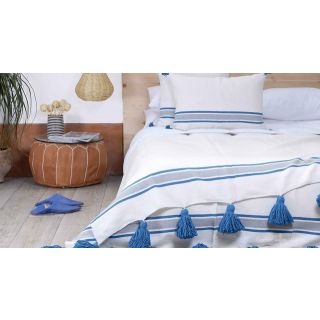 Elegant White Moroccan Pom Pom Blanket | Handwoven Cotton