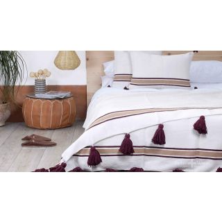 Handmade White Moroccan Pom Pom Blanket with Wine Poms
