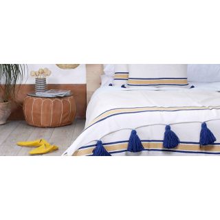 Handcrafted Moroccan Cotton Pom Pom Blanket - Blue & White