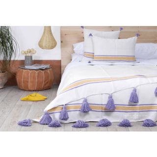 Luxurious White Moroccan Pom Pom Blanket - Handcrafted Wool with Violet Pom Poms