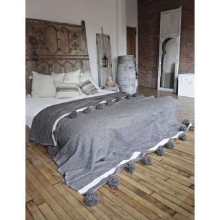 Handmade Moroccan Wool Pom Pom Blanket in Grey