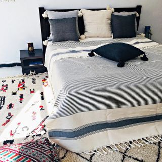 Blue and White Striped Moroccan Wool Blanket with White Fringe