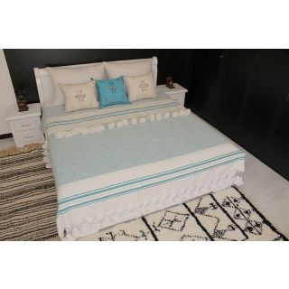 Light Blue Moroccan Pom Pom Blanket - Handwoven Cotton Blanket