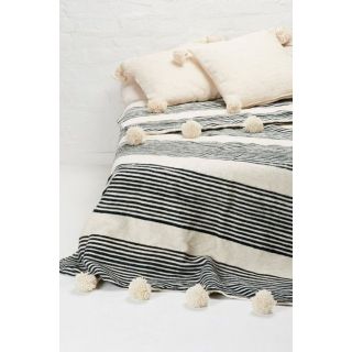 Moroccan Pom Pom Blanket with Off-White Poms & 100% Wool
