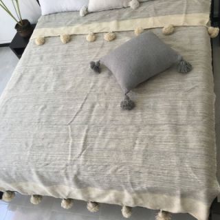 Moroccan Pom Pom Blanket with Beige Pom Poms - Handmade 100% Cotton Blanket