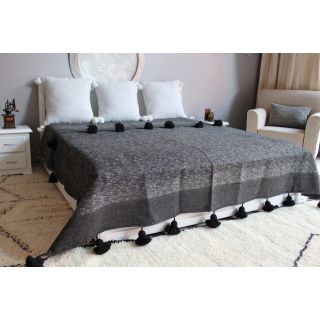 Luxurious Faded Grey Pom Pom Moroccan Blanket