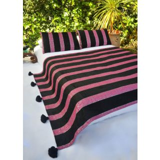 Pink and Black Striped Pom Pom Wool Blanket | Moroccan Luxury