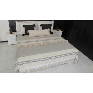 Handwoven Moroccan Pom Pom Cotton Blanket in Baby Pink/Grey/White