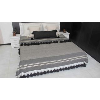 Bohemian Grey Moroccan Pom Pom Blanket - Premium Wool Handcrafted Piece