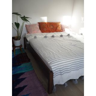 Grey Moroccan Pom Pom Blanket - Handwoven 100% Cotton Blanket