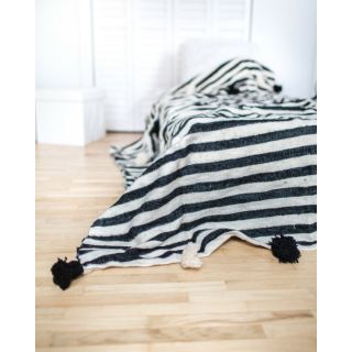 Moroccan Pom Pom Cotton Blanket - Black & White, Handcrafted