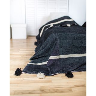 Soft Black Moroccan Pom Pom Cotton Blanket with Red and Caramel Trim
