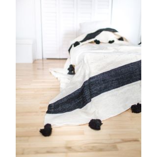 Handwoven Moroccan Black and White Wool Pom Pom Blanket