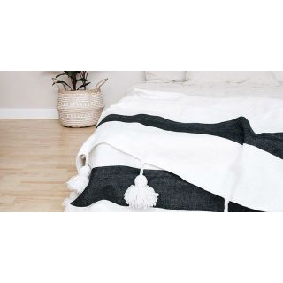 Moroccan Pom Pom Cotton Blanket | Handmade White Trim Blanket