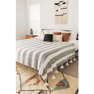 Grey and White Striped Pom Pom Moroccan Blanket