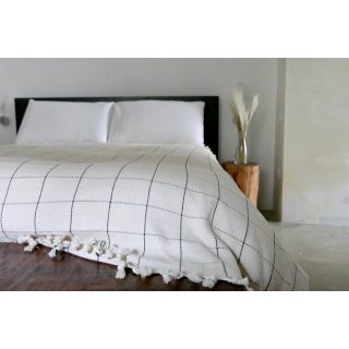 White Checkered Moroccan Pom Pom Cotton Blanket