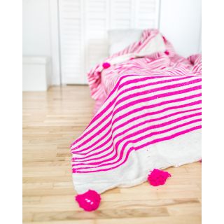 Handwoven Pink and White Striped Pom Pom Blanket