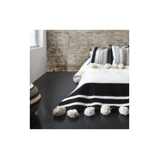 Handwoven Moroccan Pom Pom Blanket - Black & White Striped