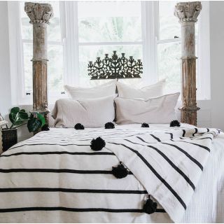 Luxurious Handcrafted Striped Moroccan Pom Pom Blanket