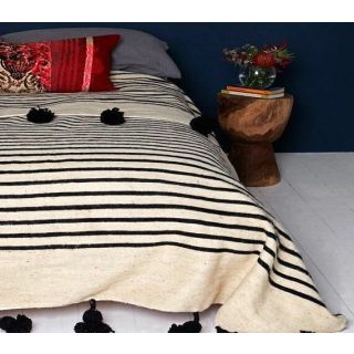 Luxurious Hand-Woven Moroccan Pom Pom Blanket - Black Stripes & Wool
