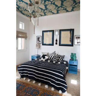 Luxurious Handmade Moroccan Pom Pom Blanket - Black and White Stripes