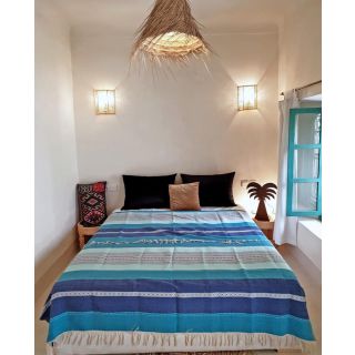 Blue Beige Moroccan Blanket with Pom-Poms