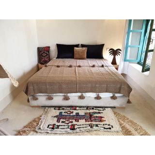 Brown Moroccan Pom Pom Handwoven Wool Blanket