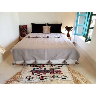 Natural Brown Moroccan Pom Pom Blanket - Hand-Crafted Cotton Blanket