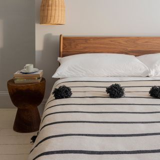 Handmade Beige & Grey Pom Pom Wool Blanket - Moroccan Craftsmanship