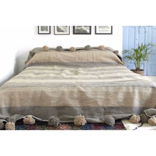 Moroccan Handcrafted Wool Blanket with Grey Stripes and Pom Poms
