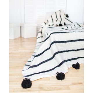 Elegant White and Black Striped Moroccan Pom Pom Wool Blanket