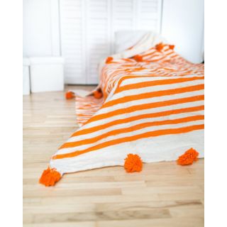 Moroccan Pom Pom Orange & White Striped Cotton Blanket